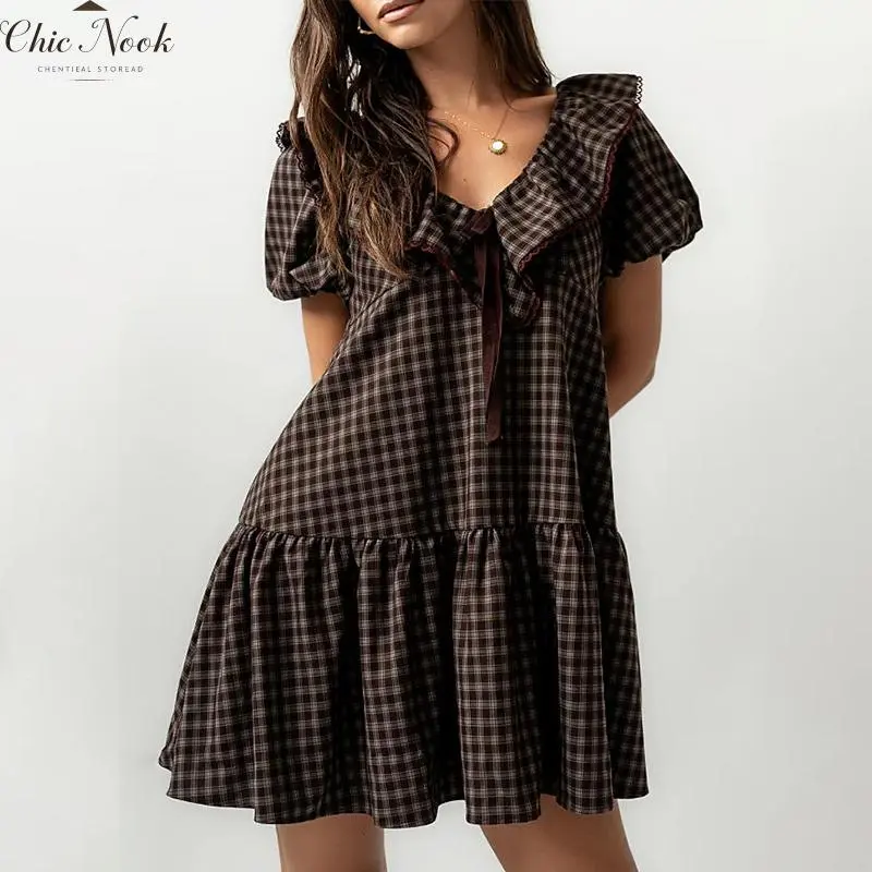 Women's Gingham Checks Ruffled Puff Sleeve Bow Tie Plaid A-Line Babydoll Mini Dress