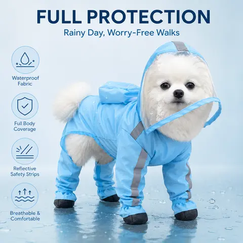 Small Dog Waterproof Puppy Poncho - 1 Count, Classic Solid Full Coverage Coat with Transparent Face Shield, Integrated Foot Covers, Breathable Mesh, Visibility Strips for Rainy Day Outdoor Walking Visibility Boost