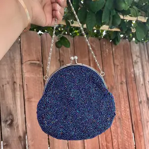 Vintage Blue and Purple Mini Bag with Detachable Metal Chain by Menbur Fully Beaded Mini Purse