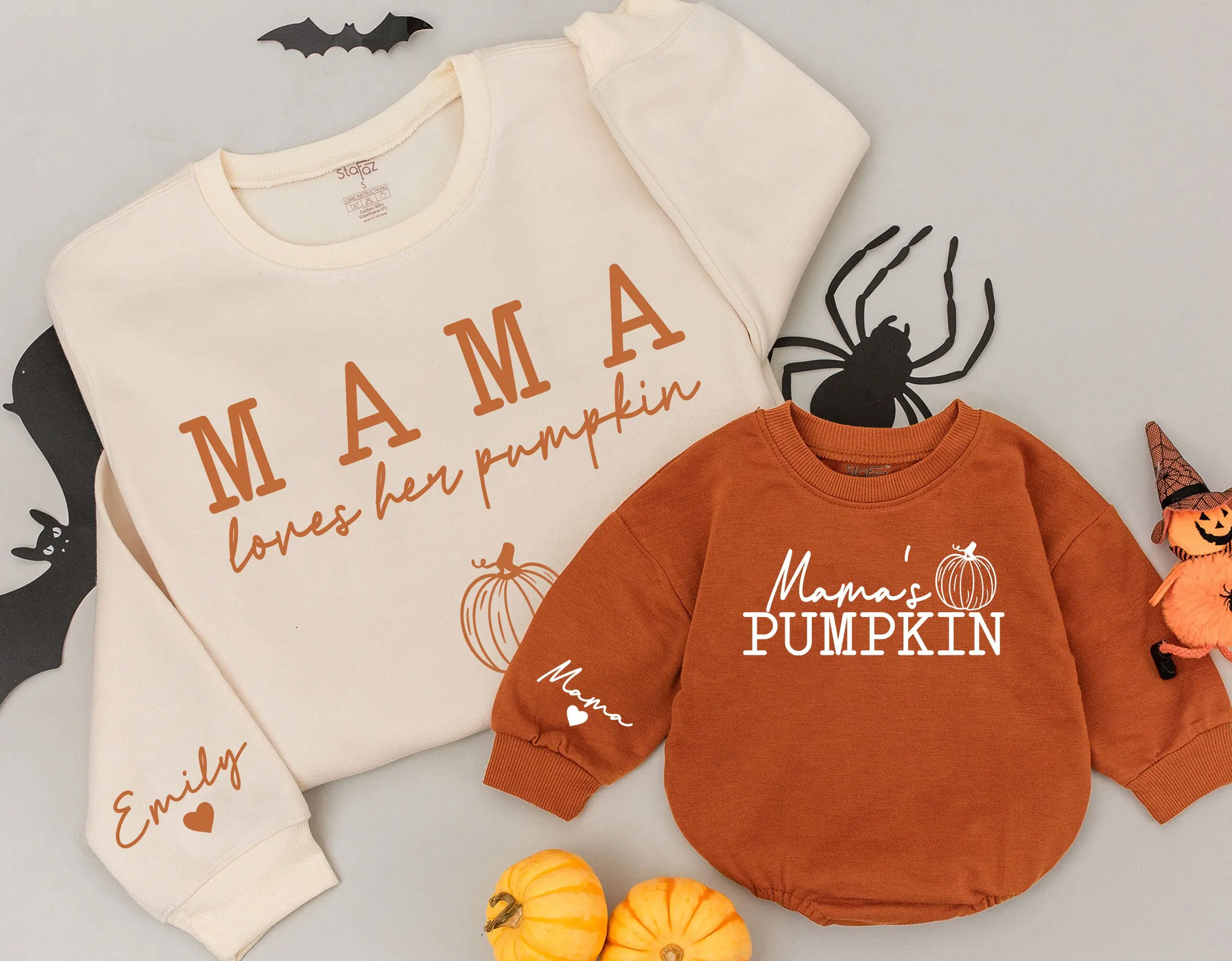 Mama Loves Her Pumpkin and Mamas Pumpkin Sweatshirts Mommy and Me Sweaters Personalized Matching Outfits Kids Fall Shirt Thanksgiving Casual Fitted Crewneck Family Match Customized Touch Coordinated Look Book Theme Halloween Suits Baby Clothes