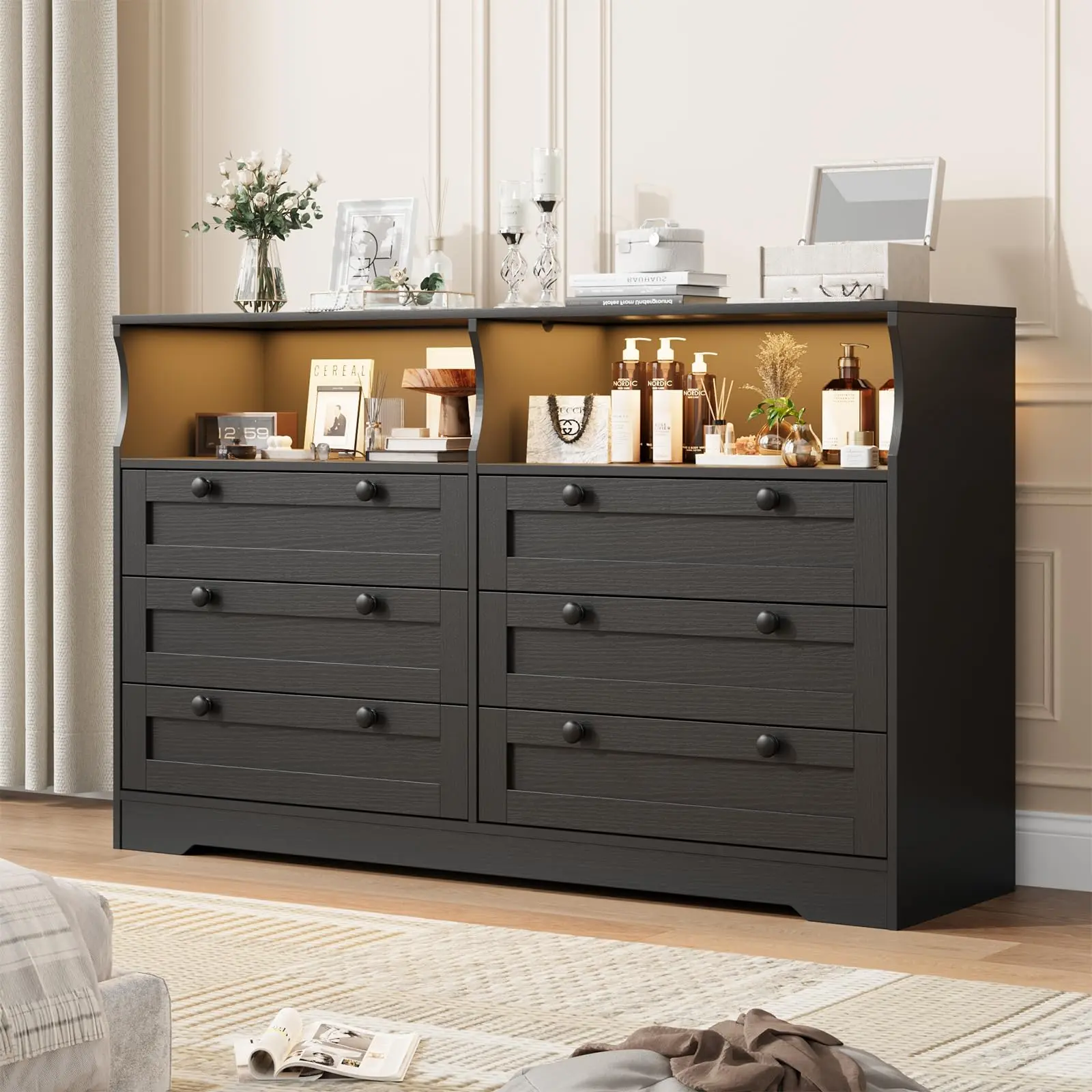 55" Width Sturdy Black Wood 6-Drawer Dresser - Indoor Furniture Cupboard with LED Lights, Power Outlet, 26.5"x13.4"x6.7" Dimensions, Foam Packaging, Assembly Required, Small Room Ideas, Built-In Storage Drawers for Bedroom Organization