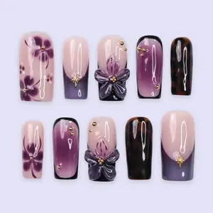 HelenNails – Purple Floral Press On Nails With 3D Flower & French Tip, Nude And Tortoise Square Handmade Reusable Nail Art – HL921