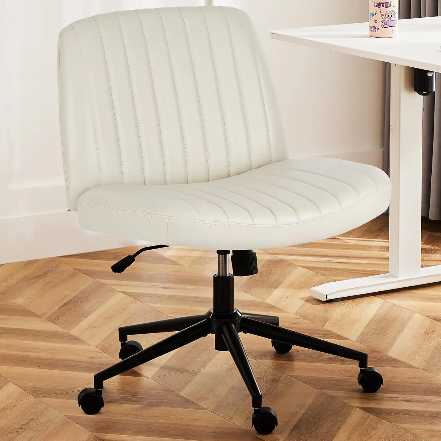 Cross Legged Armless Wide Adjustable Swivel Padded Home Office Desk Chair, Cream with Wheels