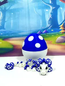 Articulated Dragon and Egg, 3D Printed White and Blue Mushroom Baby Dragon, 6 Inches Fidget ADHD Autism Toy, Stress Relief Toy
