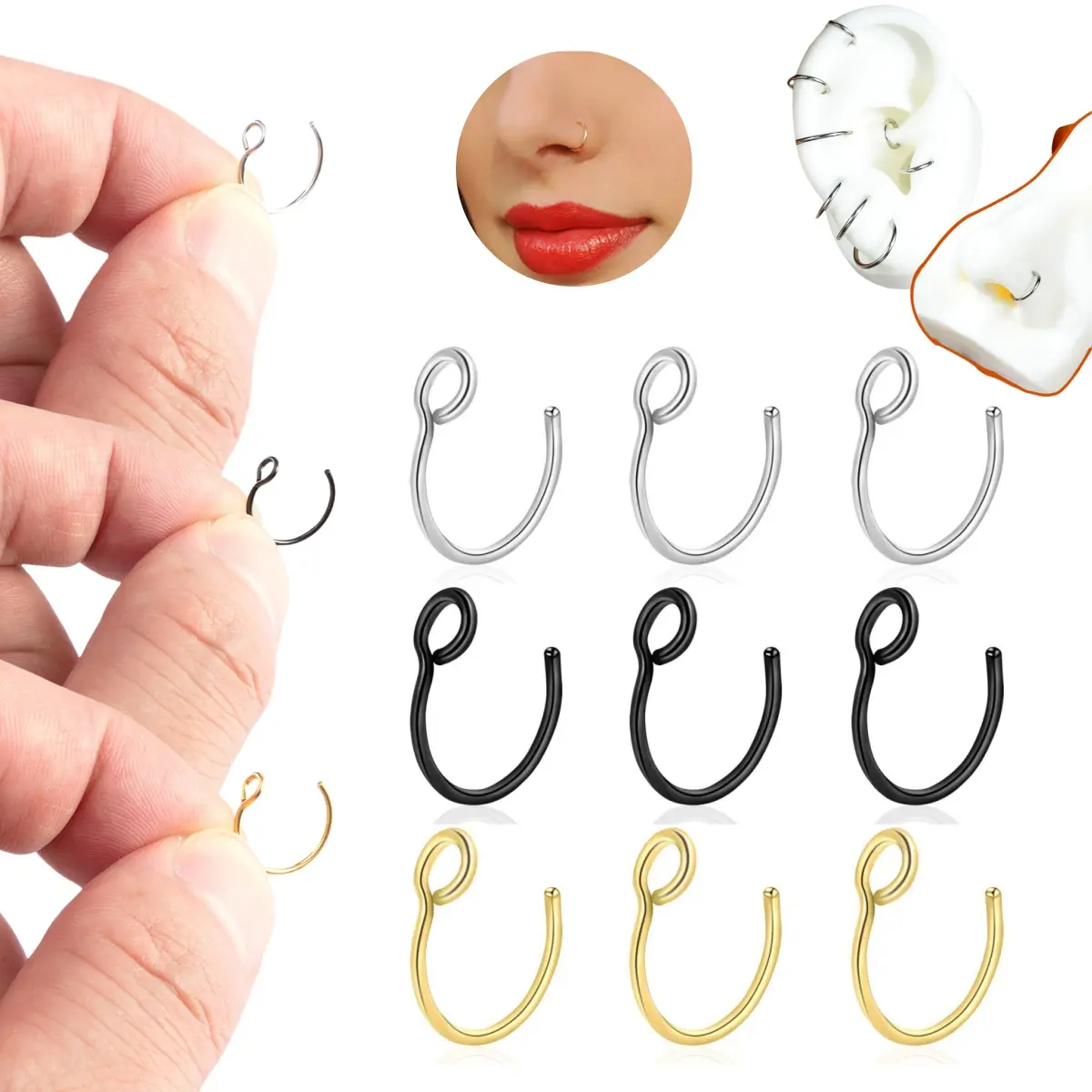 OUFER 3PCS Adjustable Non-Piercing Fake Nose Ring Set - 316L Stainless Steel Unisex Hoop Kit for Faux Nostril, Lip Piercings, High-Quality Body Jewelry for Septum Piercing, Stainless Steel Jewelry