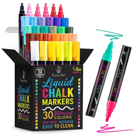 Liquid Chalk Markers, 30 Vibrant Colors Washable Car Window Markers, Glass, Board, Easy To Clean Reversible Tip Chalk Marker Set