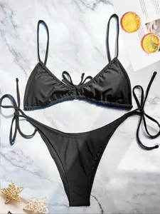 Women's Padded Tie Back Bikini Set, Casual Adjustable Spaghetti Strap Triangle Swim Bra & High Cut Swim Panty, Summer Swimsuit for Beach Holiday Vacation