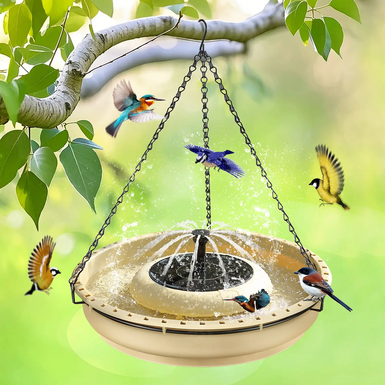 15.7 Inch Extra Large Hanging Bird Bath with Solar Fountain, 6.3 Liter Hanging Bird Bath Solar Fountain, Hummingbird Drinking Bowl with Solar Powered
