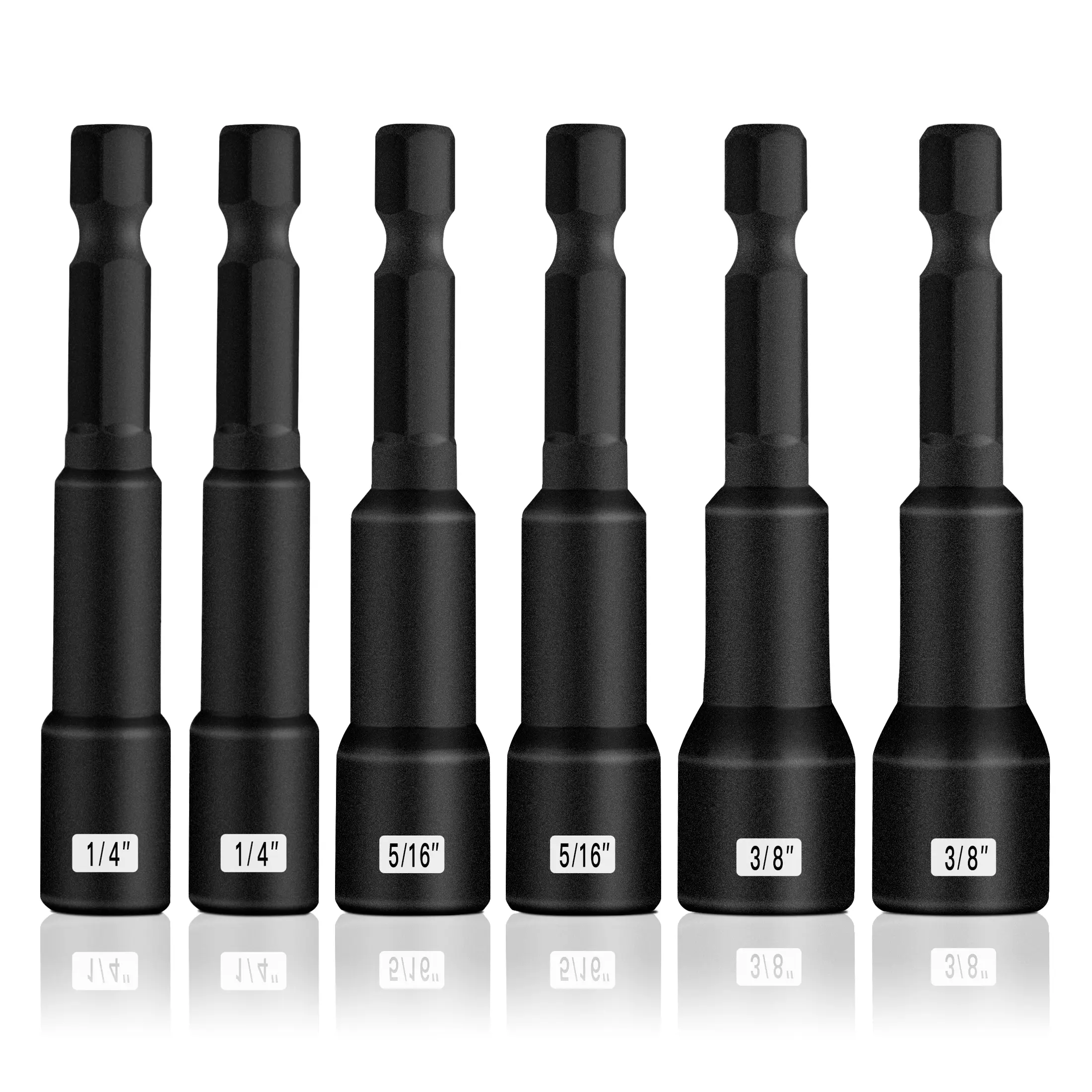BOEN 1/4 inch Magnetic Nut Driver Set, 6 Piece Impact Drill Driver Bit Set, Length 1/4", 5/16", 3/8", Quick-Change Hex Shank SAE Nut Driver,Cr-V Steel