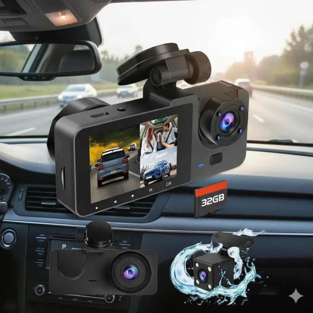 3 Channel Dash Cam Full HD 1080P: Triple Lens Car Camera with Front Rear Inside Recording, Night Vision Wide Angle, Parking Monitor, Loop Recording G-Sensor, Screen Video Recorder Automotive Dashcam for Trucks Cars SUVs Dash Camera for Cars Front and Rear