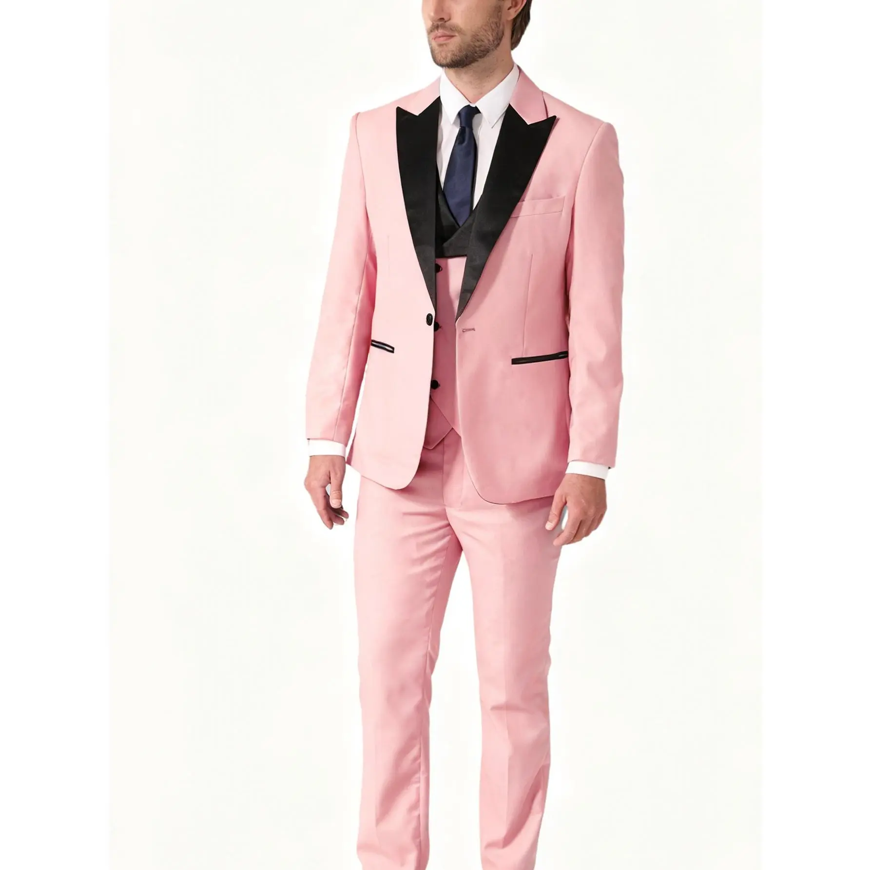 Men's 3-Piece Slim Fit Formal Wear Tuxedo Set - Polyester Shawl Lapel Jacket, Long Sleeve Shirt, Vest, Pocket Pants, Bow Tie - Ideal for Parties, Business Dinners (Blush Pink), Menswear, Matching, Classic, Trouser, Plain