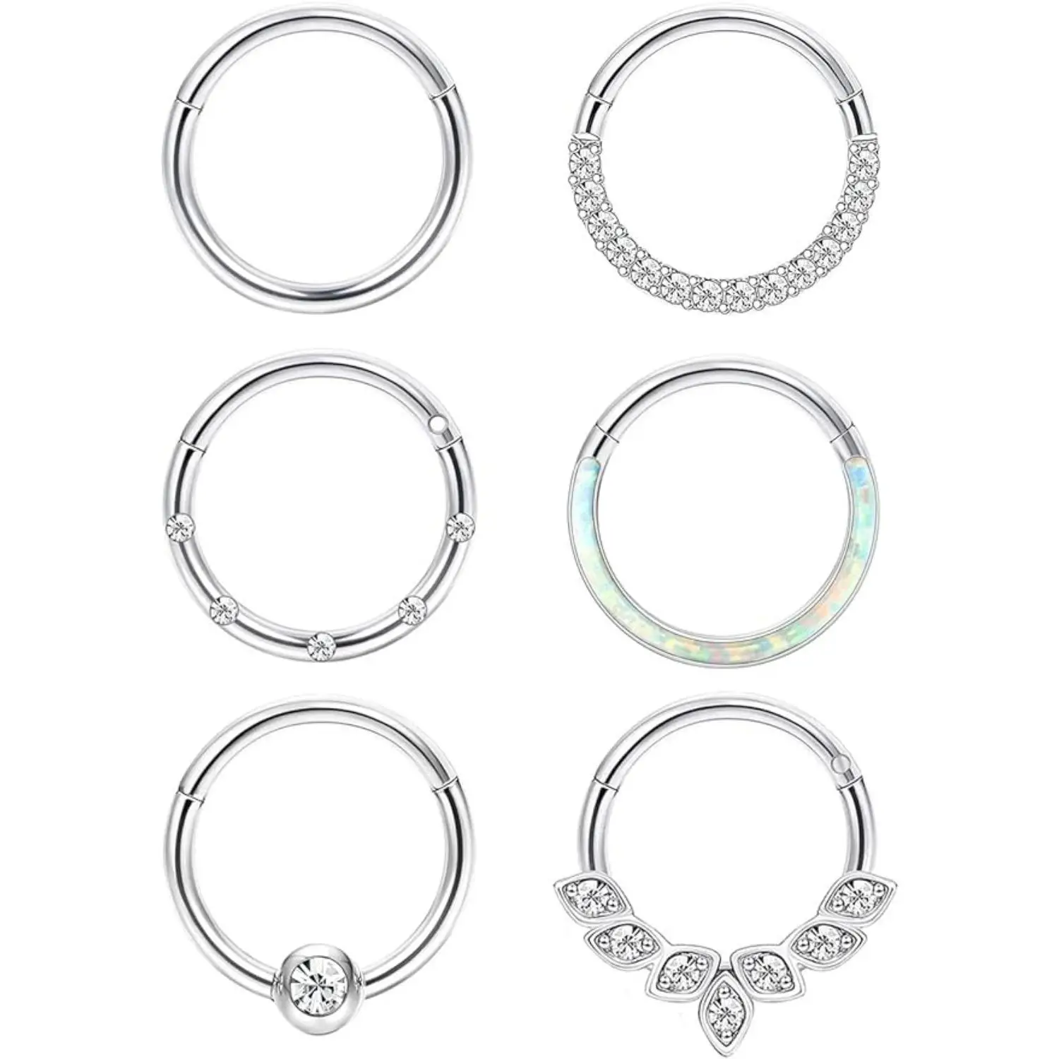 FLORIDECO 6Pcs Surgical Steel 16G 18G Septum Rings Nose Rings Hoop for Women Opal CZ Daith Cartilage Hoop Earring Clicker Septum Jewelry Hinged Hoop N