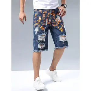 Men's High Cotton Letter Print Ripped Distressed Denim Shorts, Y2K Streetwear Graphic Summer Jean Shorts, High Street Fashion
