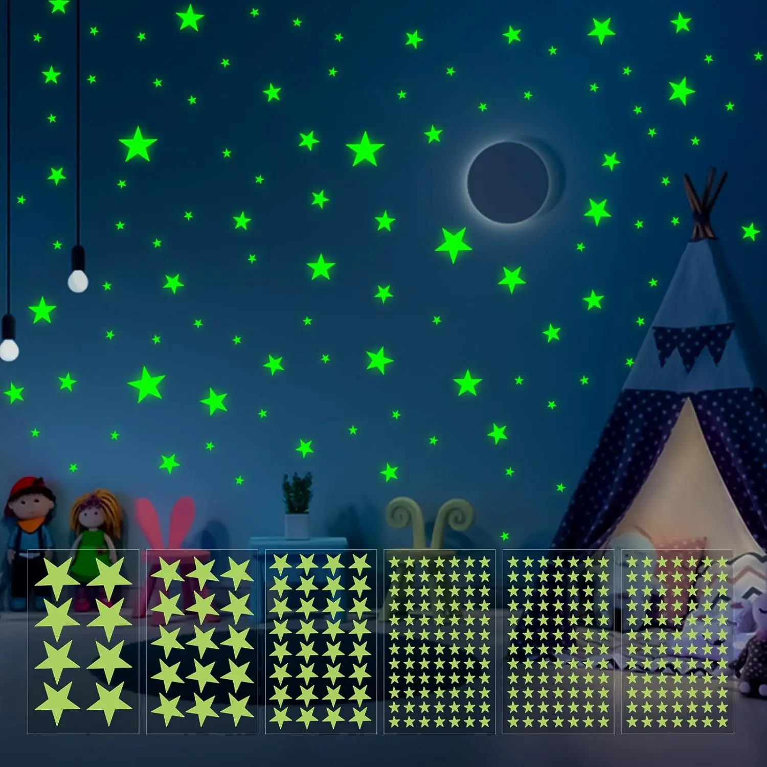 Glow in The Dark Stars Wall Stickers - 6 Sheets 307 Pcs Glowing Wall Decals Ceiling Stickers, Stick on Stars Glow in The Dark for Kids Bedroom Wall Decor