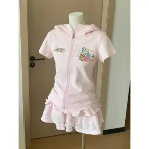 Kawaii Cartoon Embroidery Tshirts Women Y2k Aesthetic Hooded Kawaii T-shirt Japannese Style Slim Fit Zipper Grunge Tees Femme