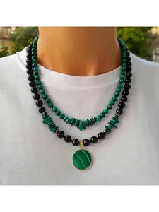 2Pcs Malachite & Black Onyx Layered Necklace for Women, Handmade Jewelry with Large Natural Stone Pendant, Big Bead Multi-Strand Jewelry Set, Birthday Gift for Mom