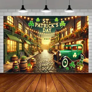1PC Polyester Reusable 2D Flat St. Patrick's Day Retro Street Backdrop Banner, Shamrock Vintage Car Party Decoration Supplies, Irish Festival Photography Prop for Birthday, Indoor & Outdoor Events