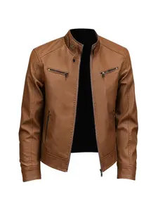 Men's Retro Artificial Leather Motorcycle Jacket, Stand Collar Zipper Coat, Multiple Pockets, Fashion Streetwear Fall Winter Clothing