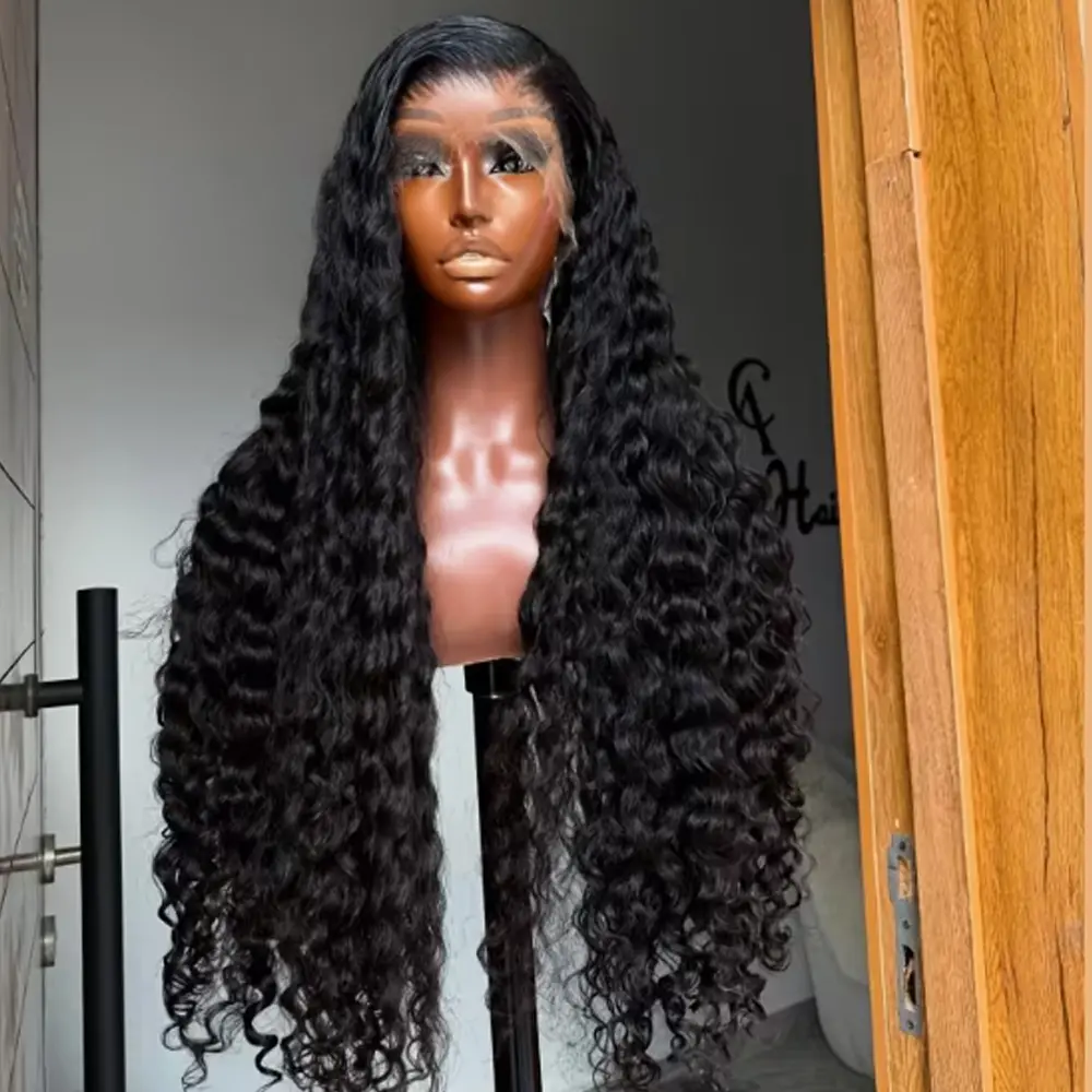 Black Deep Curly Synthetic Lace Front Wig - 13x4 Frontal, Water Wave, Heat Resistant Synthetic Fiber Wig, Pre Styled, Pre Plucked Baby Hair, Glueless, Natural Looking for Party, Everyday Use, Synthetic Fiber Wigs, Pre Styled Wig