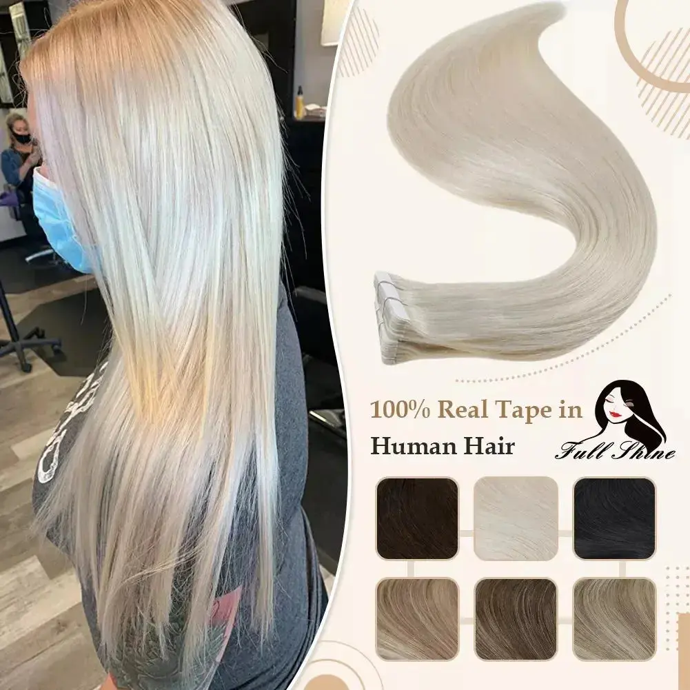Full Shine Tape-In Remy Human Hair - Straight Double Sided Blonde - Comfortable Silky Natural Tape Ins For Women