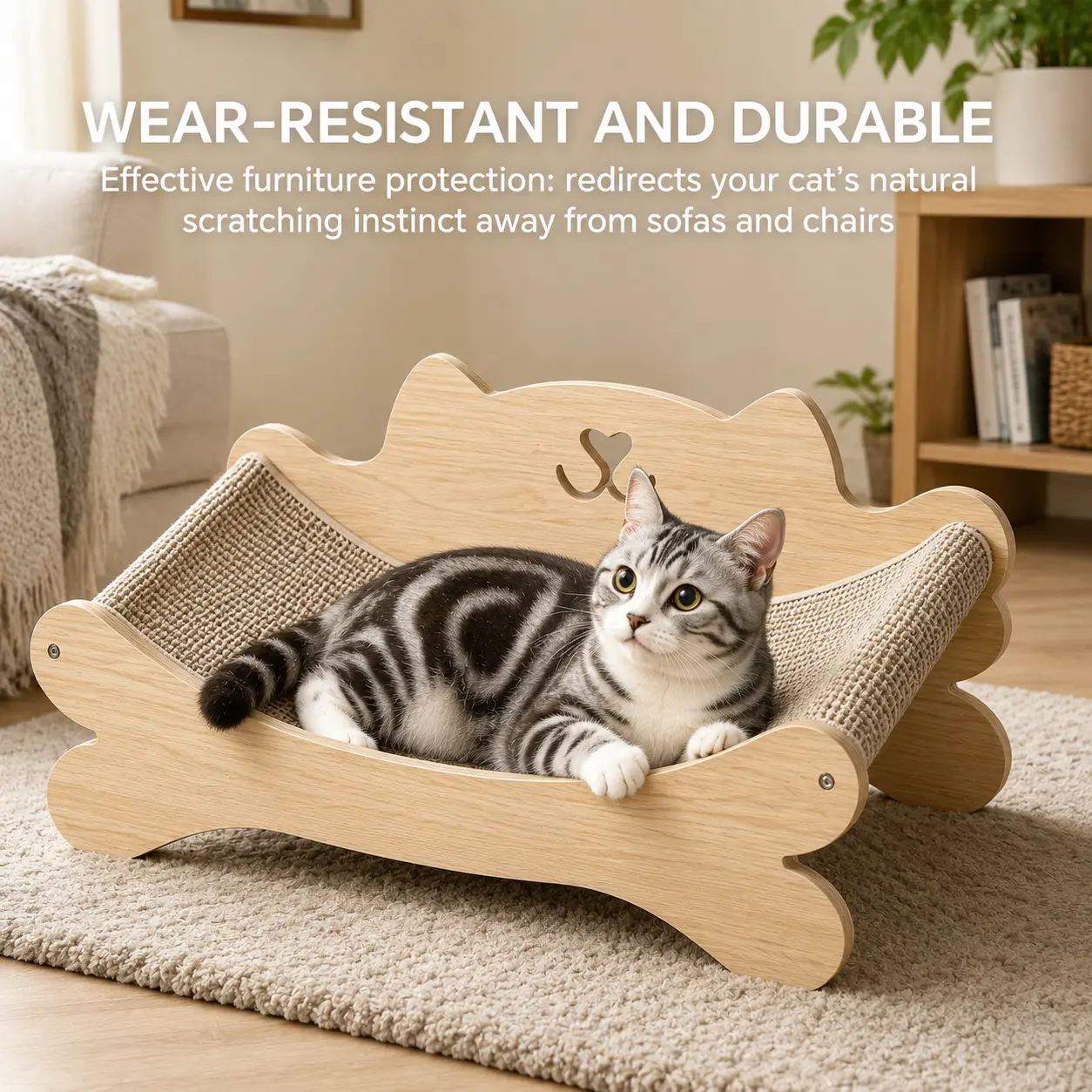 Wooden Cat Scratching Bed for Indoor Cats, Modern Cat Scratcher with Hammock Lounge & Scratch Pad, Durable Cat Bed Furniture for Play and Rest