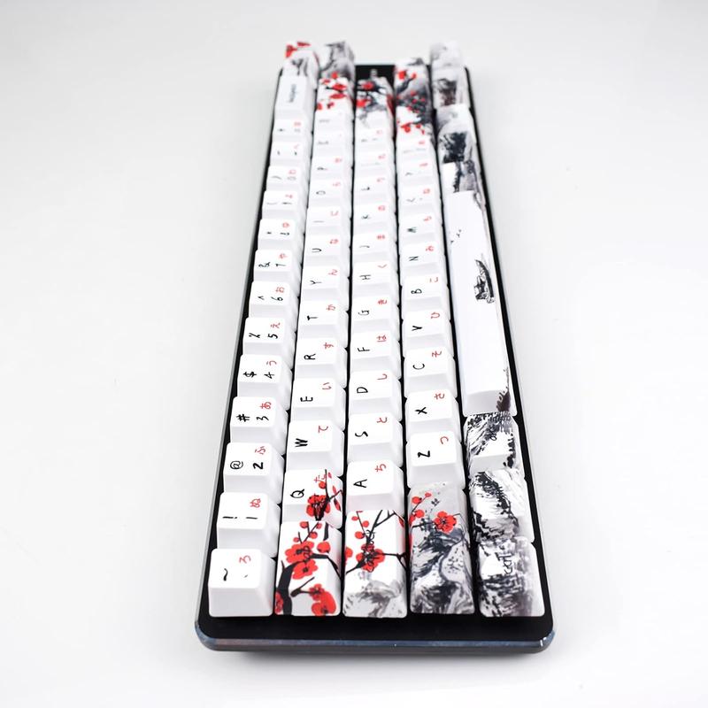 Plum Blossom Keycaps 71 Set for Gaming Mechanical Keyboard Custom PBT OEM Profile Japanese Font with Keycap Puller for Cherry MX 71/61 60 Percent Keyboard