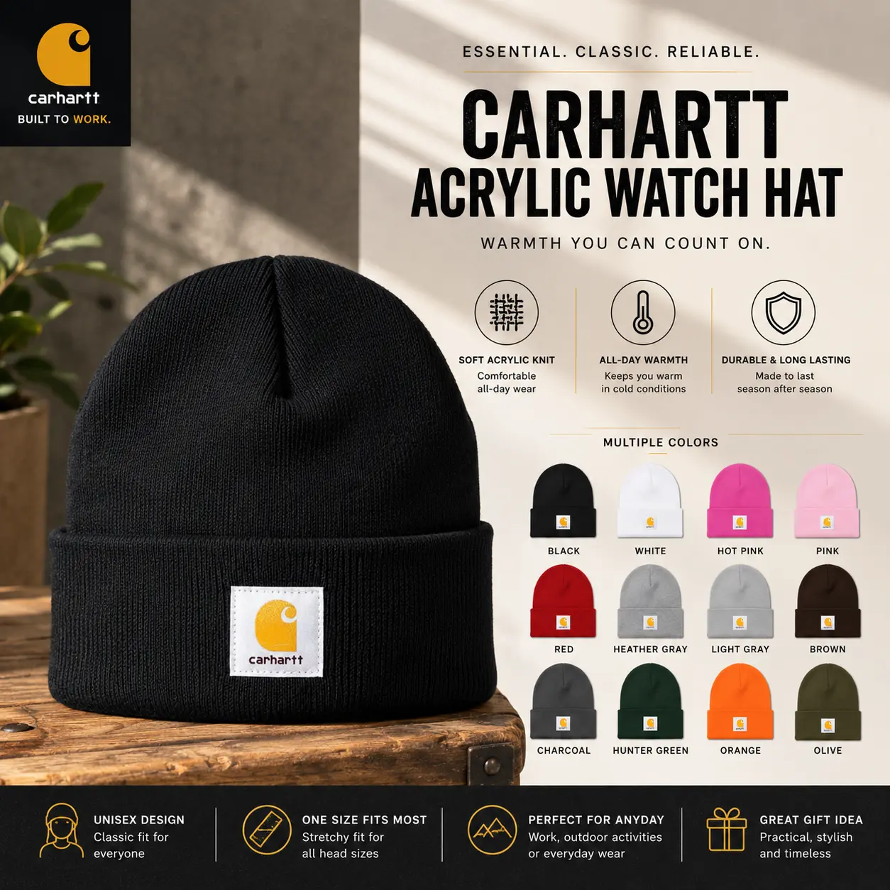 Carhartt Watch Hat Acrylic Knit Beanie for Men Women Warm Winter Skull Cap Stretch Cuffed Workwear Hat Outdoor Cold Weather Casual Fashion Streetwear Soft Comfortable Adult One Size Everyday Gift