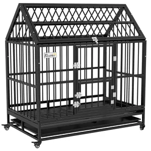 PawHut 48" Heavy Duty Dog Crate, Strong Steel Large Dog Crate with 4 Lockable Wheels, Double Doors, Openable Top and Removable Tray, for Extra Large and Large Dogs, Black