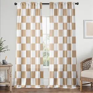 Beige Checkered Curtains for Bedroom,Rod Pocket Brown and White Semi Sheer Curtains Farmhouse Retro Checkerboard Light Filtering Drapes for Living Room,Set of 2 Window Curtain Panels,52 x 72 Inch