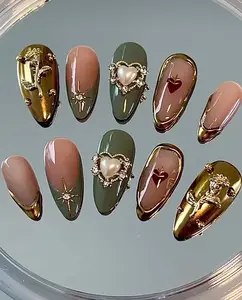 Golden Rose Hand-Painted Press-On Nails | Custom Faux Acrylic & Gel Nail Set | Elegant Handmade Nail Art