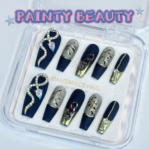 A166 Coffin Shape Dark Butterfly Chain Handmade Press On Nails with Snake Design and Rhinestones for Stylish Manicures