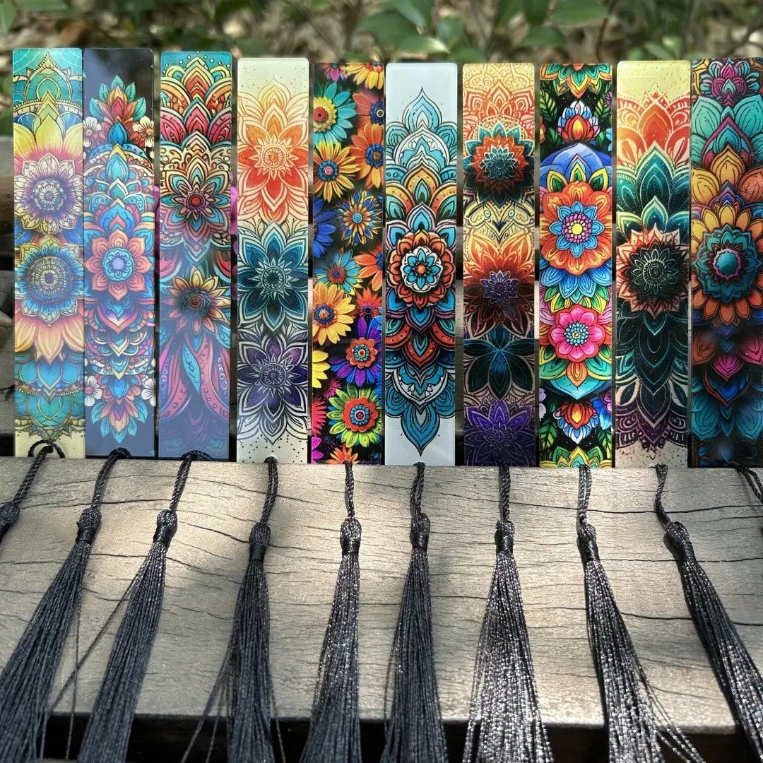 10 Piece Acrylic Tassel Bookmarks for Readers, Waterproof Oil-Resistant, Mandala Flower Design, Mandala Floral Patterns, Bohemian Office Teaching Gifts, Holiday Presents