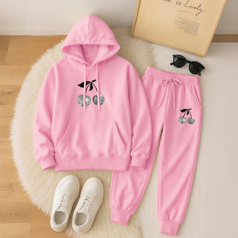 Women's Cherry Hoodie And Drawstring Track Pants Set, Casual Sportswear, Long-Sleeved Hooded Jacket And Pants, Suitable For Autumn And Winter, Everyday Wear, Indoor And Outdoor Sportswear, Sportswear Set, Casual Sportswear.