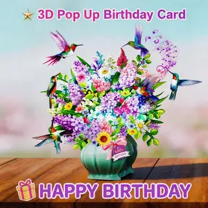 Interactive 3D Music Birthday Greeting Card - 10-in Light-Up Hummingbird Oasis Pop-Up Bouquet, Moving Parts, Synchronized LED Show, Elegant Envelope & Blank Notecards