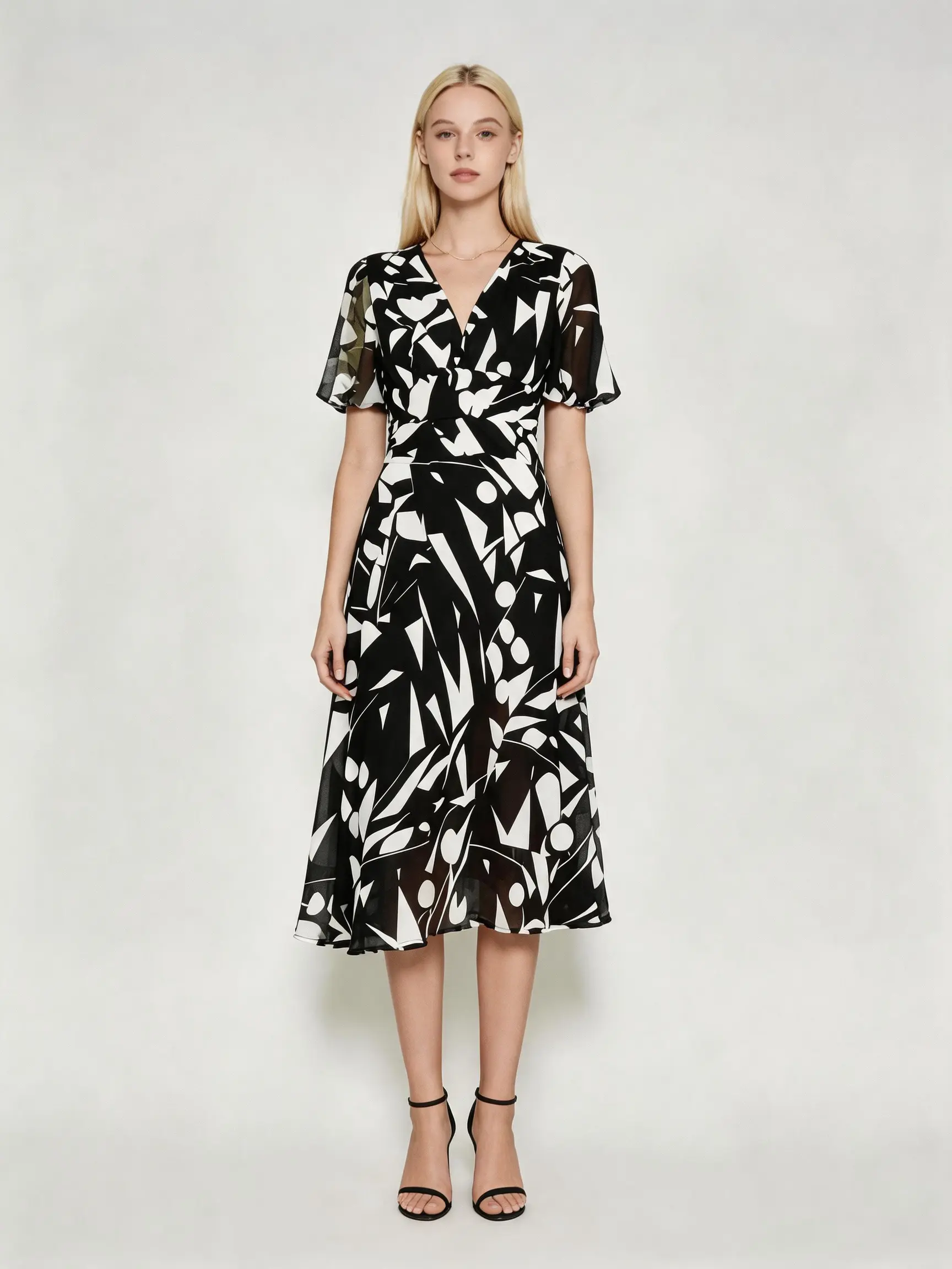 Women's Summer Casual Dress - Black White Print Short Sleeve Chiffon Midi for Daily Wear