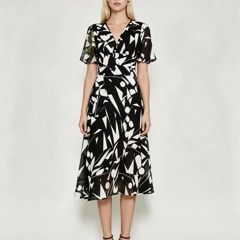 Women's Summer Casual Dress - Black White Print Short Sleeve Chiffon Midi for Daily Wear