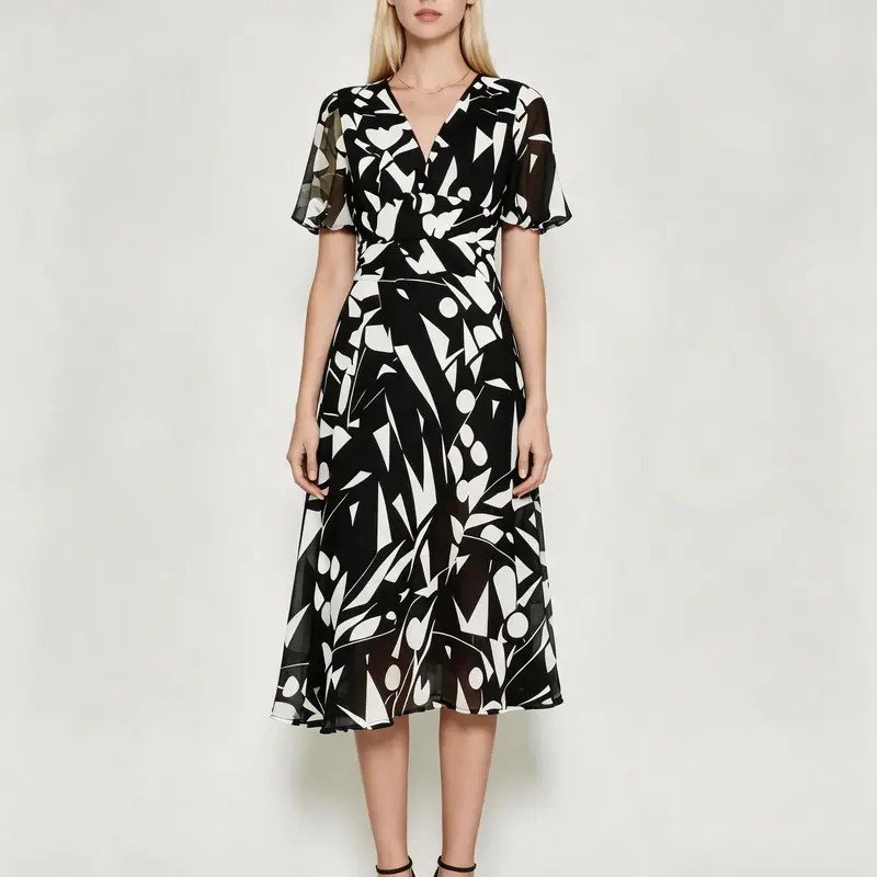 Women's Summer Casual Dress - Black White Print Short Sleeve Chiffon Midi for Daily Wear