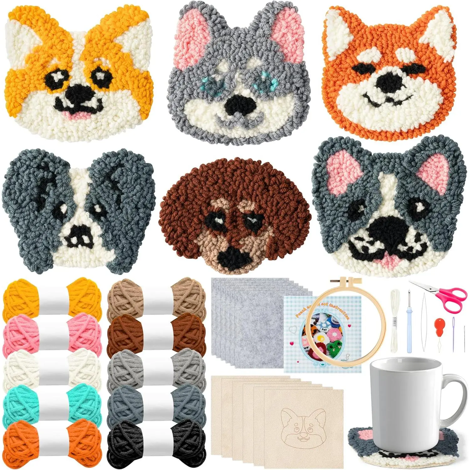 Puppy Punch  Coaster Kit - 6 Patterns  Punch  Embroidery Craft Kit, DIY Felting Coaster for Adults Beginners with Adhesive Yarns Fabric Felt Hoop Tools Instruction