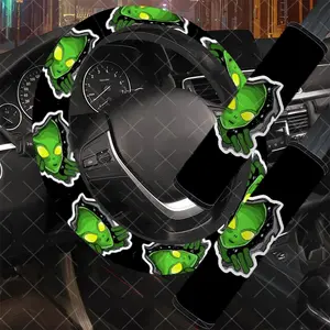 3Pcs/Set Green Alien Car Interior Set, Space Style, Includes Steering Wheel Cover, Car Seat Belt Cover, No Inner Ring, Vehicle Interior Upgrade, Durable Material, Multi-Part Set, For Women, Car Enthusiasts, Gift For Drivers.11.27QWA-461@462