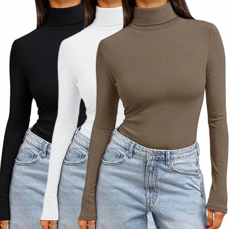 Women's 3pcs Turtleneck Long Sleeve Thermal Underwear Tops - Slim Fit Solid Lightweight Base Layer, White+Black+Gray, 2025 Fall Winter Fashion Basic Lady Clothes, Women's Clothes, Base Layer Casual Tops