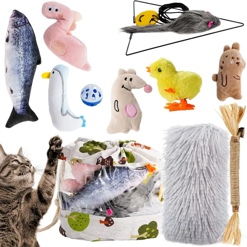 Nocciola 12-in-1 Feline Catnip Playset - 12 Toys for Hours of Play, Christmas Gift, Natural Chewy Dental Treat Stick, Long Fur Pillow, Animal Print, Bell, Bouncy Cord, Clockwork Chick Toy, Gall Fruit, Fish-Like Lure for Interactive Play