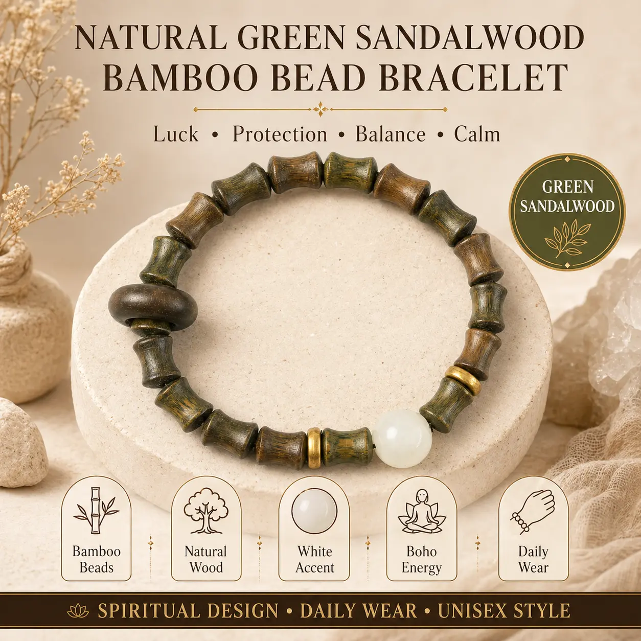 Unisex Nature Theme Beaded Bracelet - Green Sandalwood & Bamboo Beads (10x6mm), 16cm Stretch Design with White Accent, Gold Spacers, Boho Costume Jewelry for Daily Wear & Gifting, Beaded Bracelets