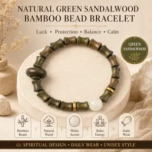 Green Sandalwood Bamboo Bead Bracelet, Natural Wood Boho Bracelet with White Accent, Unisex Daily Wear Style