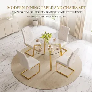 5-piece Modern Round Glass Dining Table Set 4 Chairs Gold Metal Legs Clear Tempered Glass Top White PU Leather Seats Easy Clean Sturdy for Kitchen Living Room Dining