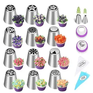 27-Piece Icing Bag Set, Round Hole Cake Frosting Nozzle Kit, Stainless Steel Cupcake Decoration Tools, Russian Pastry Cream Dispenser