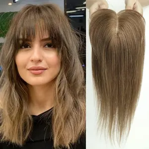 HAIRCUBE Remy Hair Topper with Bangs - 14Silk Base Clip-In, 40g