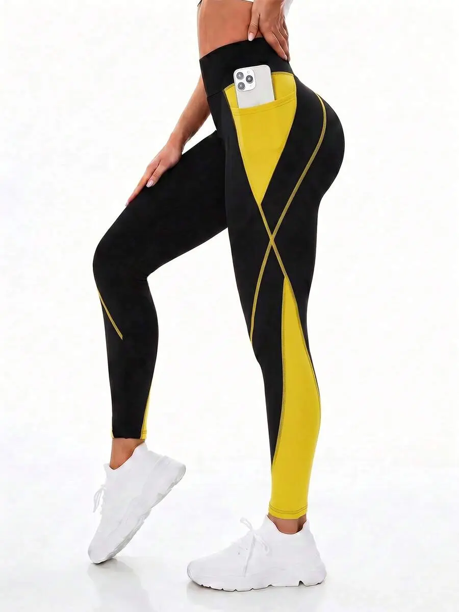 Exploreva Exploreva Women's High Waist Contrast Color Pocket Leggings, Suitable For Daily Fitness And Sports- back to school outfit