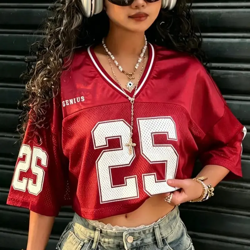 Women's Mesh Sports Tee - Retro Cropped Jersey V-Neck T-Shirt, Y2K Streetwear Apparel, Casual Tennis Top