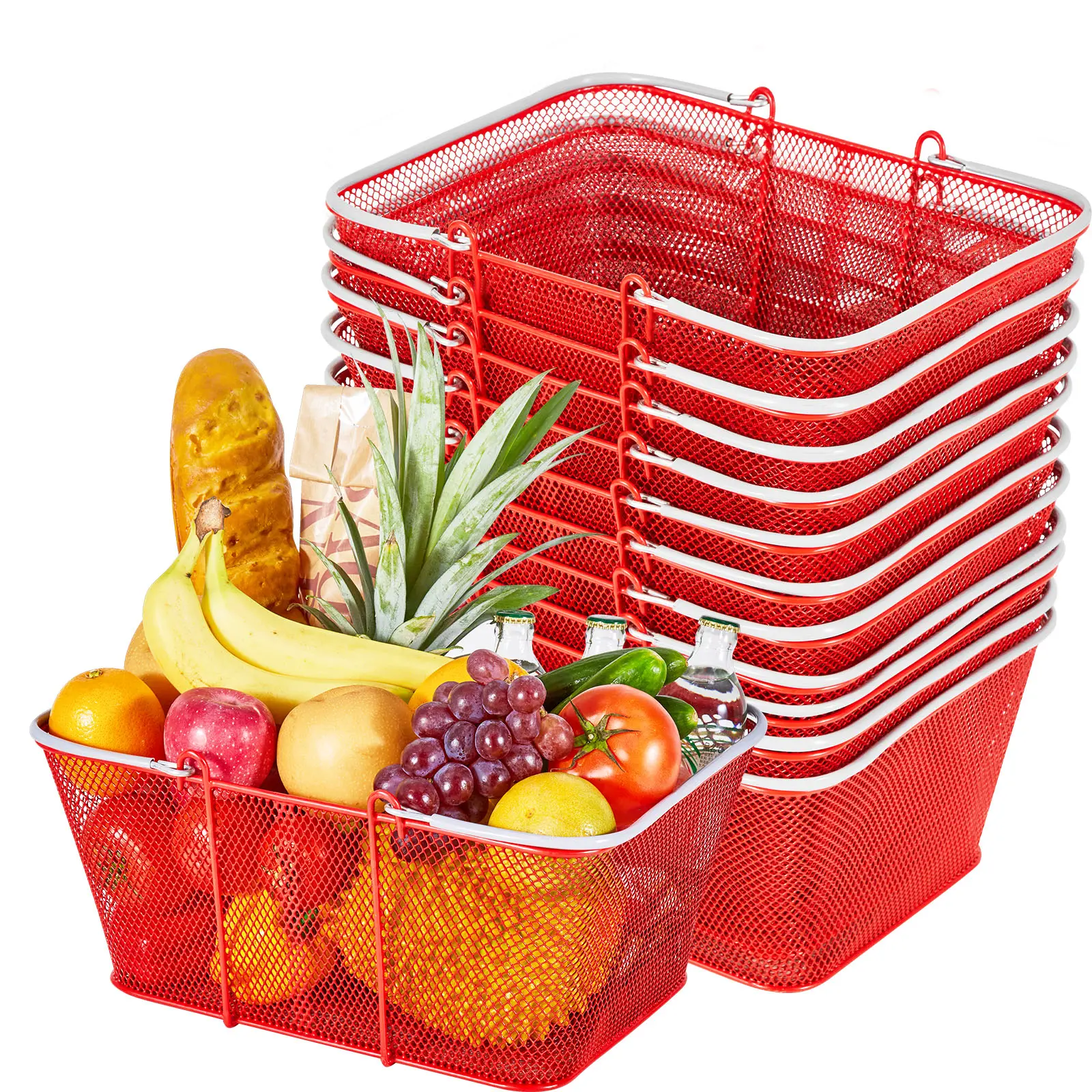 【SummerFinds】VEVOR 12-Piece Red Steel Rubber-Lined Hollow Shopping Basket Set, 22L Stackable Organizer with Handles, Dense Mesh Structure, 44 lbs Capacity, Portable for Retail Stores, Home Use (Father's Day Gift Option)