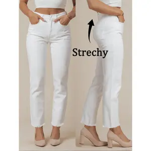 High-elasticity mid-rise straight-leg jeans, all-season casual loose denim jeans, plain women’s fashion GARMENTARY